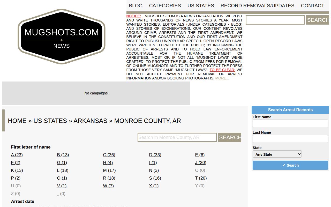 Unofficial Mugshots.com Monroe County historical arrest records page