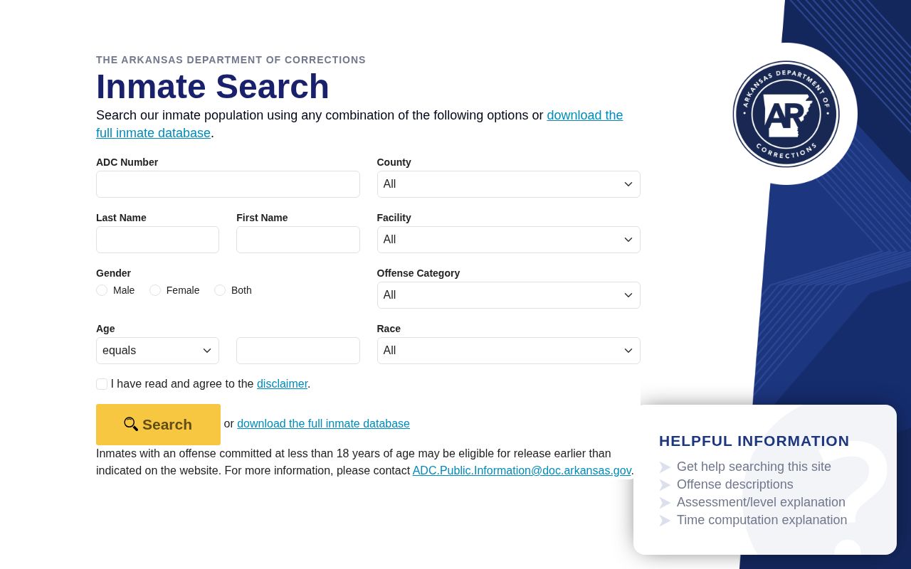 Arkansas ADC search for sentenced Monroe County custody records and offender photos