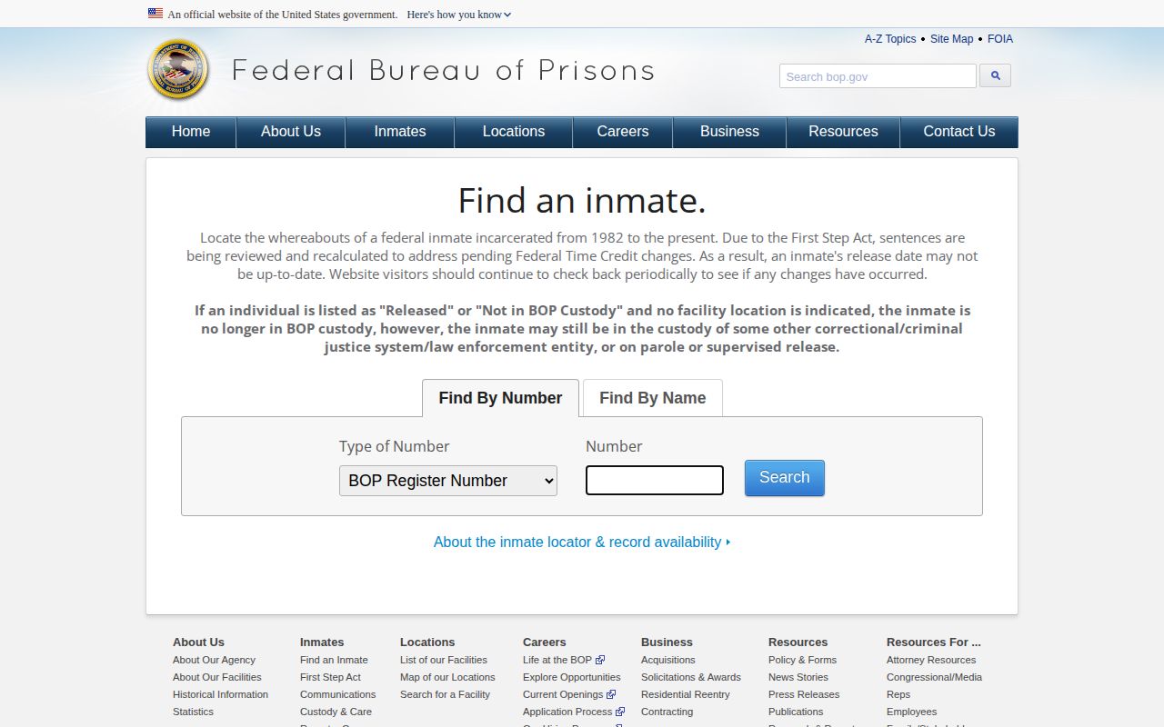 Federal BOP locator for federal custody following a Monroe County arrest